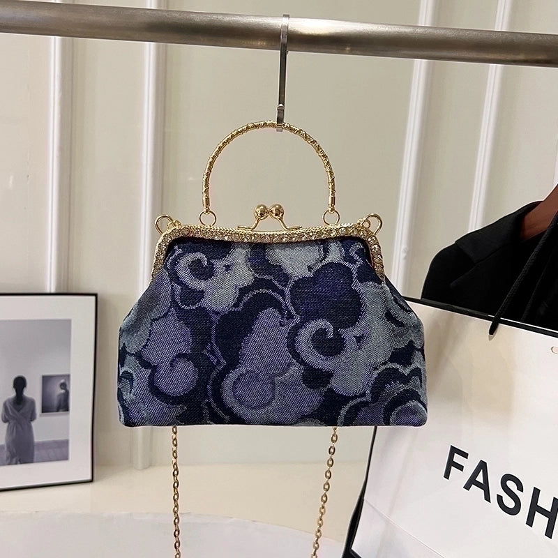 Women's Denim Flower Classic Style Sewing Thread Shell Clasp Frame Handbag