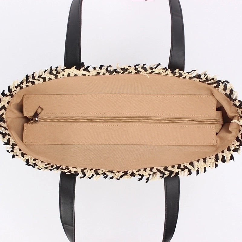 Women's Large Straw Geometric Vacation Bucket Zipper Straw Bag