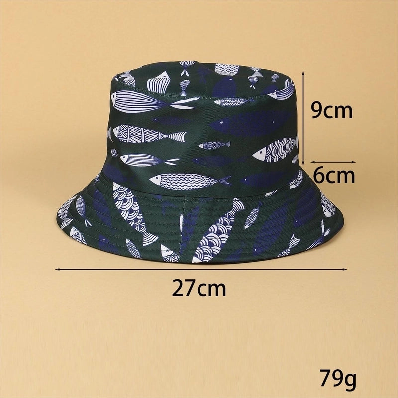 Women's Vacation Beach Animal Coconut Tree Fish Printing Wide Eaves Bucket Hat