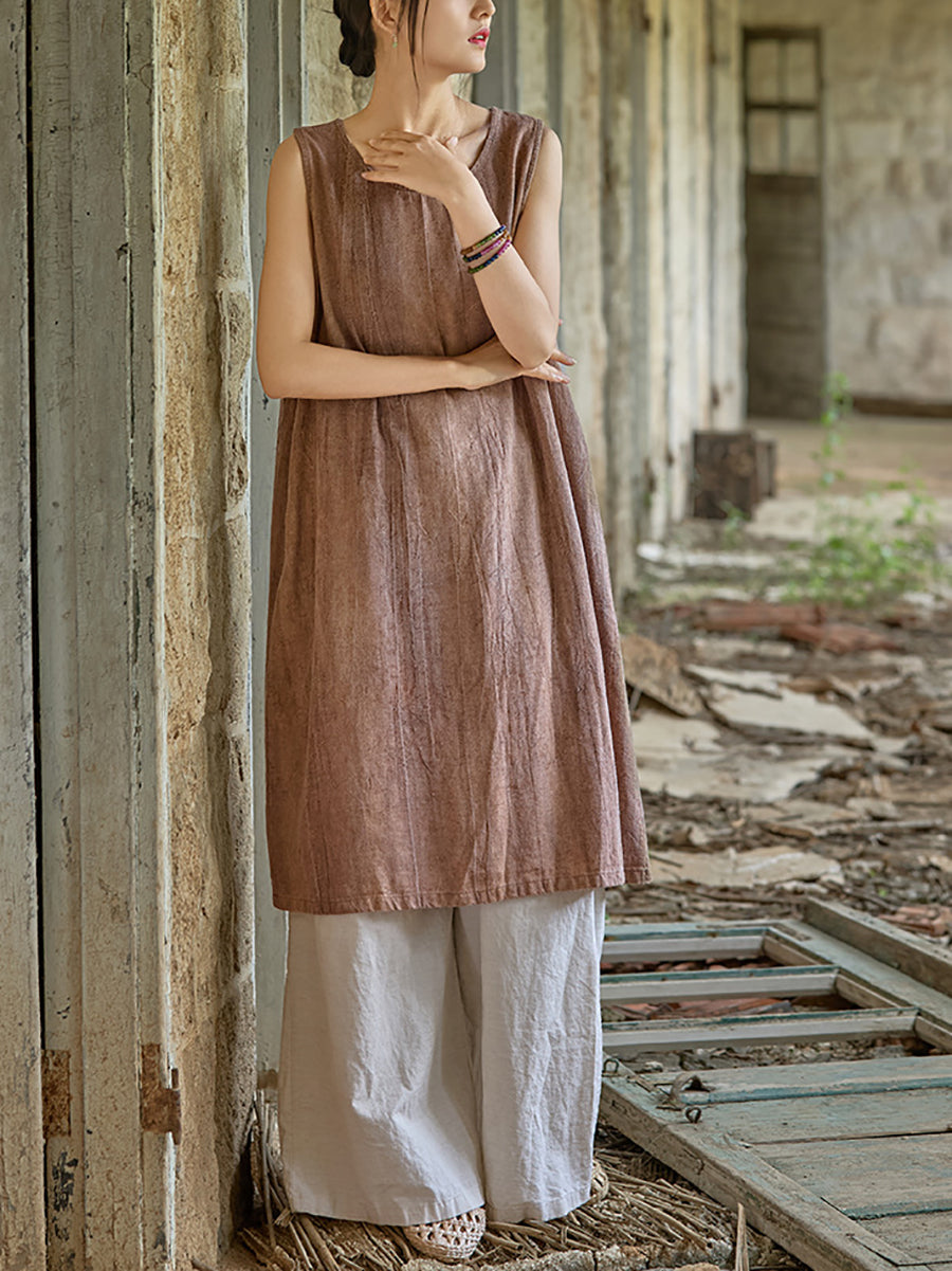 Women Summer Pure Color O-Neck Linen Vest Dress