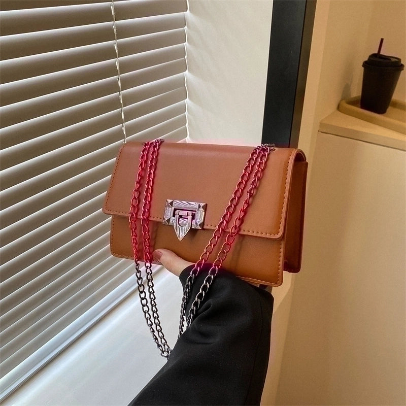 Women's Pu Leather Solid Color Classic Style Square Lock Clasp Shoulder Bag Crossbody Bag