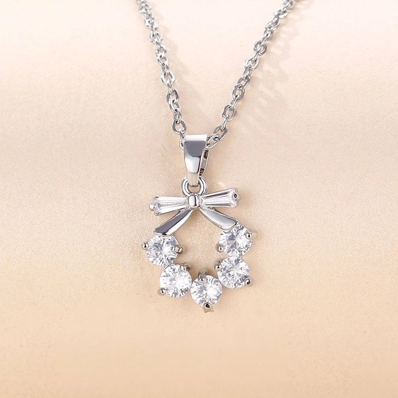 Stainless Steel White Gold Plated Elegant Plating Inlay Round Flower Butterfly Zircon Pendant Necklace