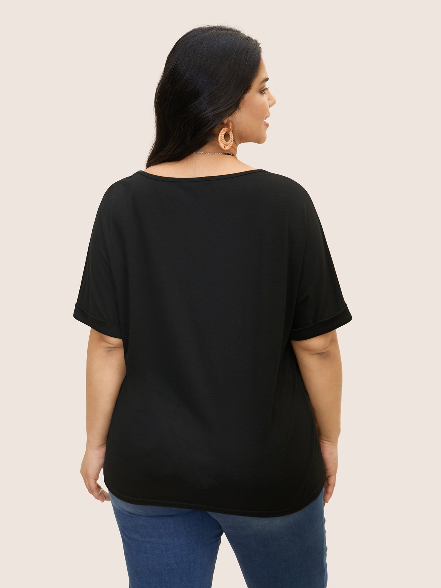 V Neck Block Weave Trim Batwing Sleeve T-shirt