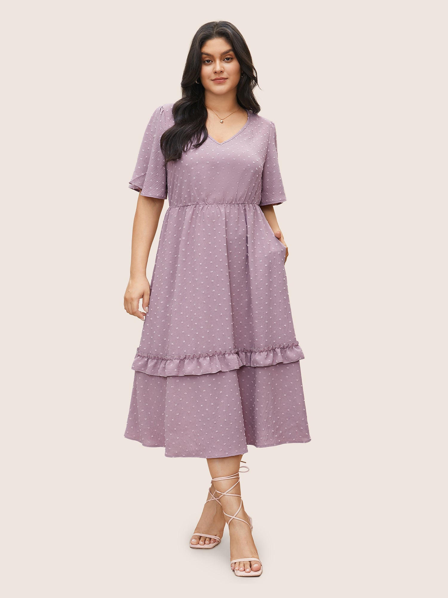 Polka Dot V Neck Pocket Ruffle Midi Dress