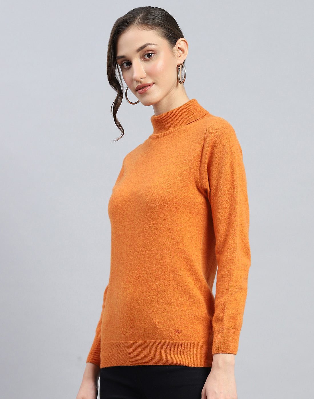 Women Orange Solid Turtle Neck Full Sleeve Winter Top