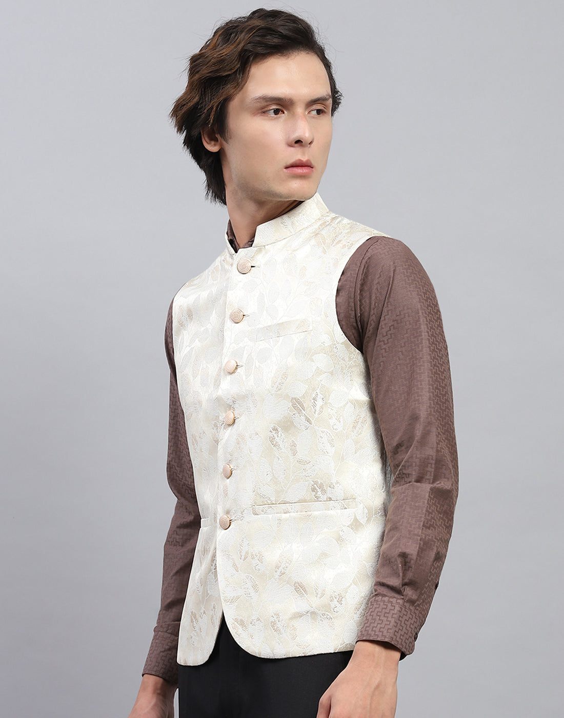 Men Cream Floral Print Band Collar Sleeveless Nehru Jacket