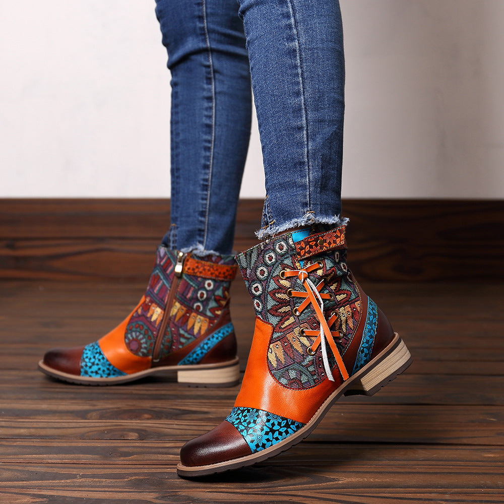 Handmade Leather Ankle Boots For Women Flower Embossed Rubber Bottom Slip-Proof Booties Brown