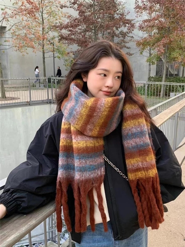 Brown Striped Scarf Women's Autumn And Winter  Trendy Winter Warm Imitation Cashmere Windproof Scarf For Students