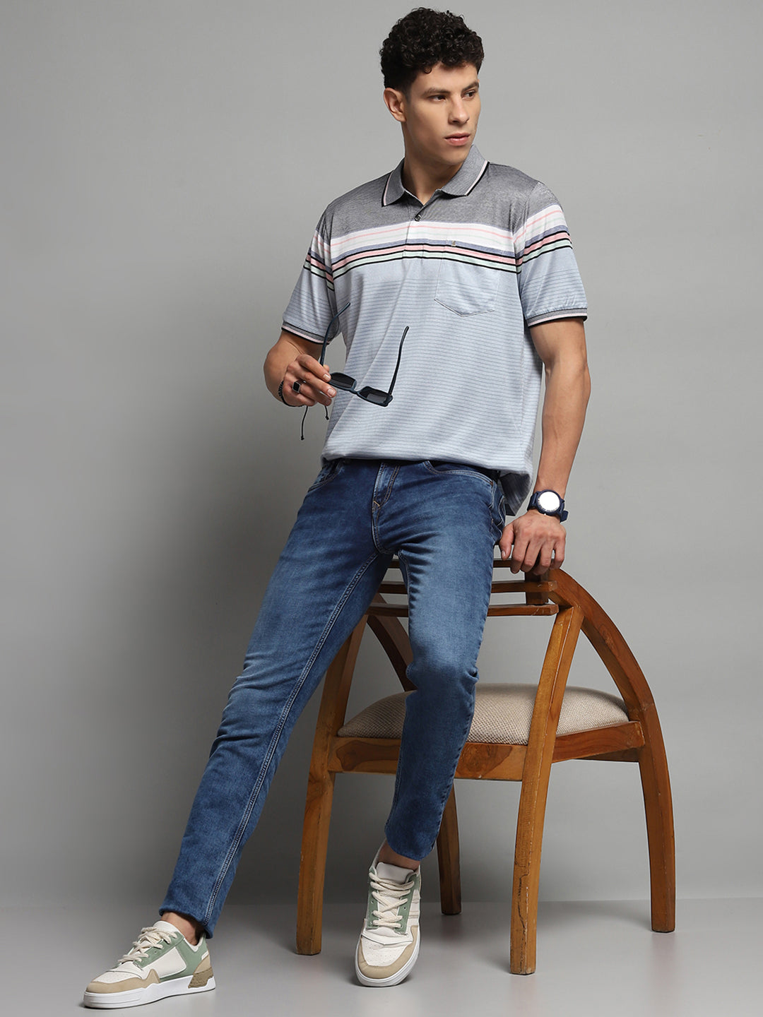 Men Blue Stripe Collar Half Sleeve T-Shirt