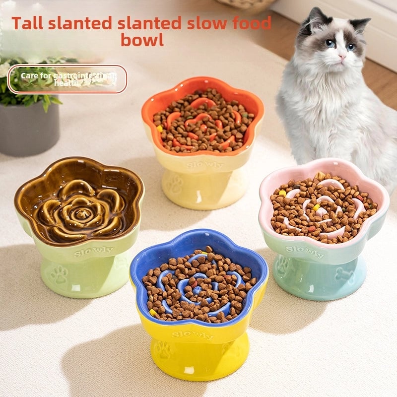Pet Slow Food Bowl High Foot Ceramic Cat Bowl Dog Bowl Small Dog Cat Anti-choking Slow Food Anti-knock Neck Protection Slant Bowl