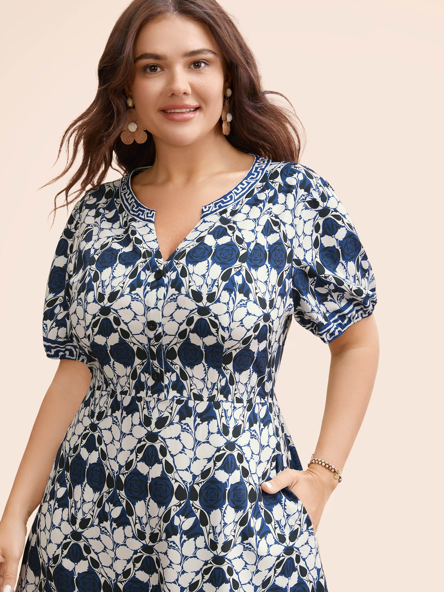 Bandana Print Notched Lantern Sleeve Dress