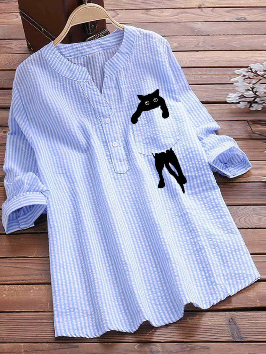 V-neck Cotton And Cat Print Long Sleeve Blouse