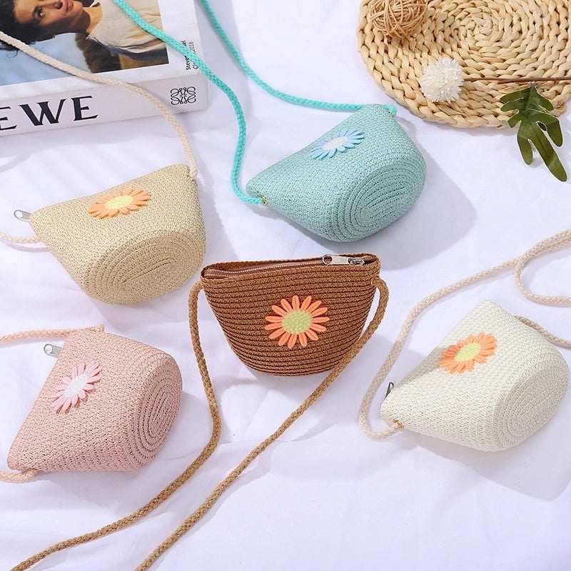 Women's Mini Straw Daisy Vintage Style Round Zipper Straw Bag