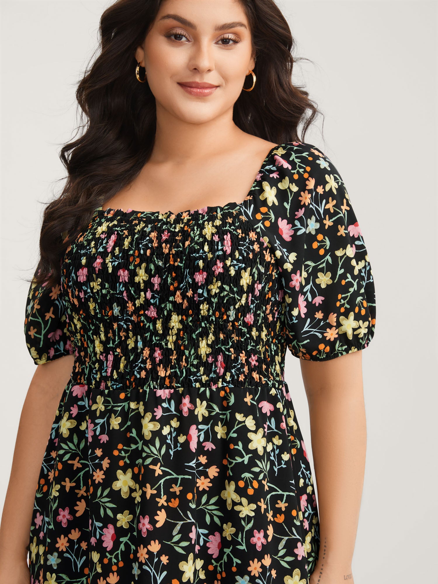 Floral Print Shirred Pockets Midi Dress