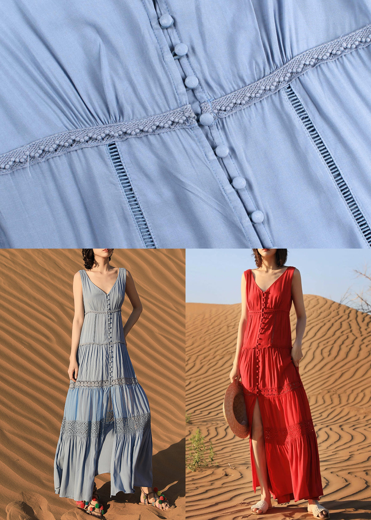 Red Hollow Out Solid Cotton Long Dresses V Neck Summer