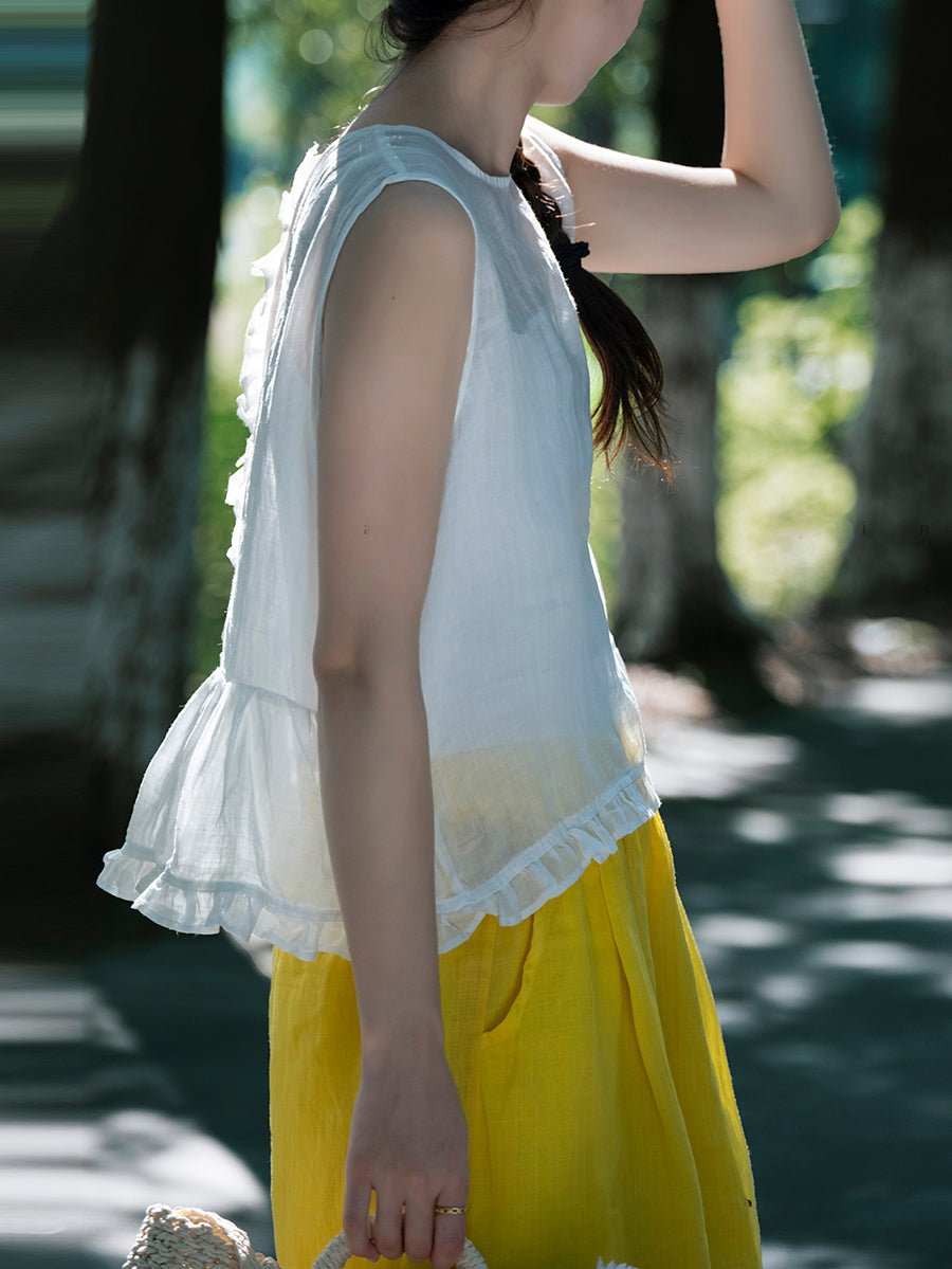 Women Summer Artsy Pure Color O-Neck 100%Ramie Vest