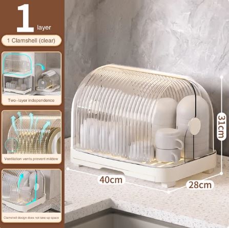 Kitchen Plate Rack With Lid Dish Tableware Storage Draining Box Cupboard