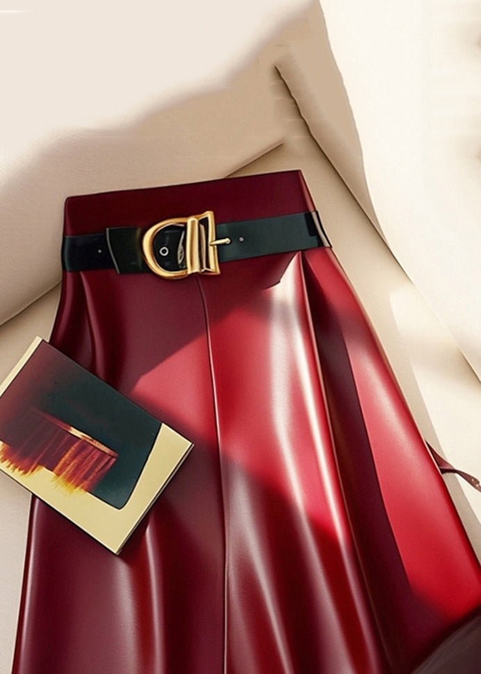 Stylish Red Sashes Solid High Waist Faux Leather Skirts Spring