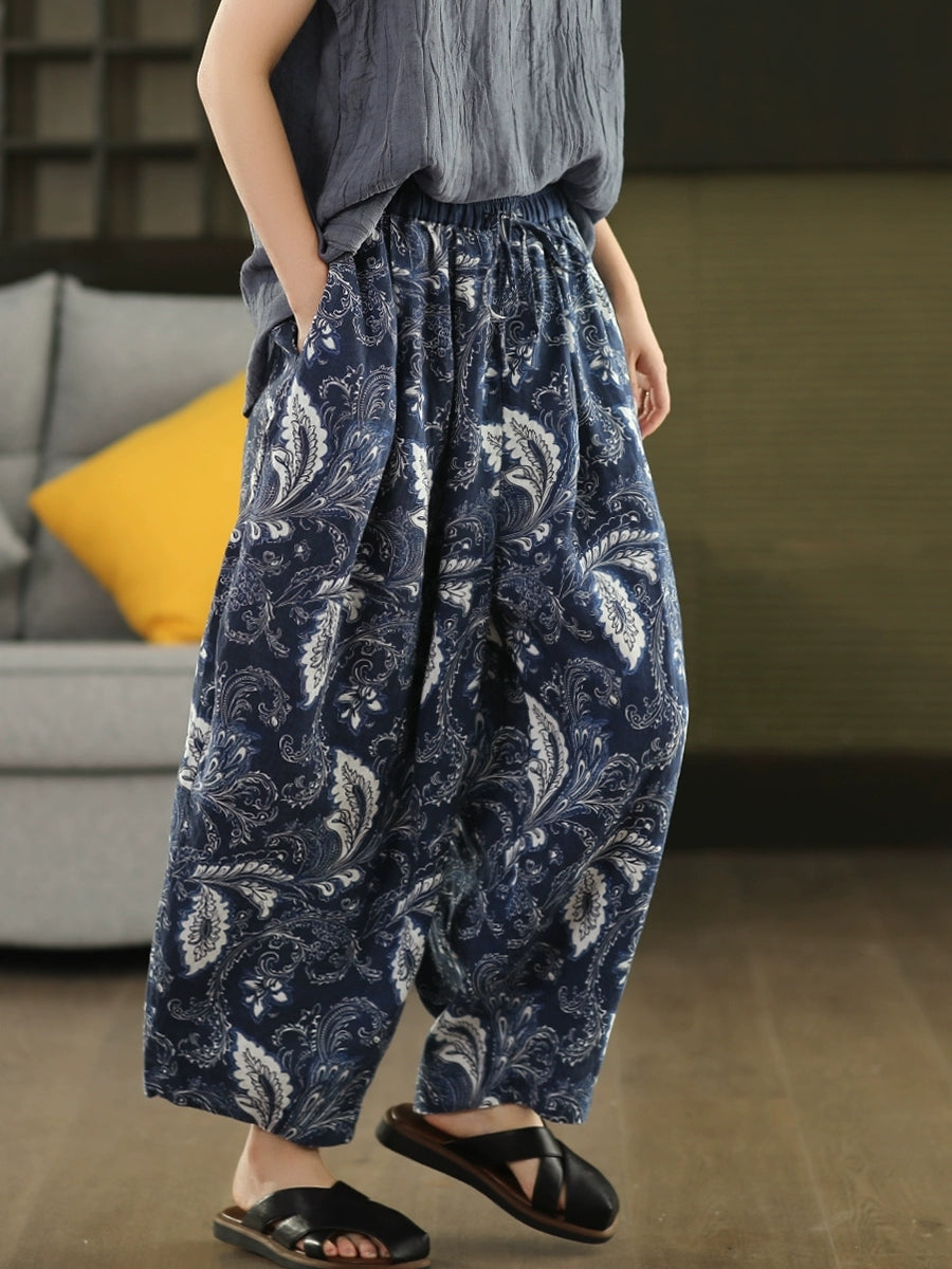Women Artsy Summer Flower 100%Linen Harem Pants