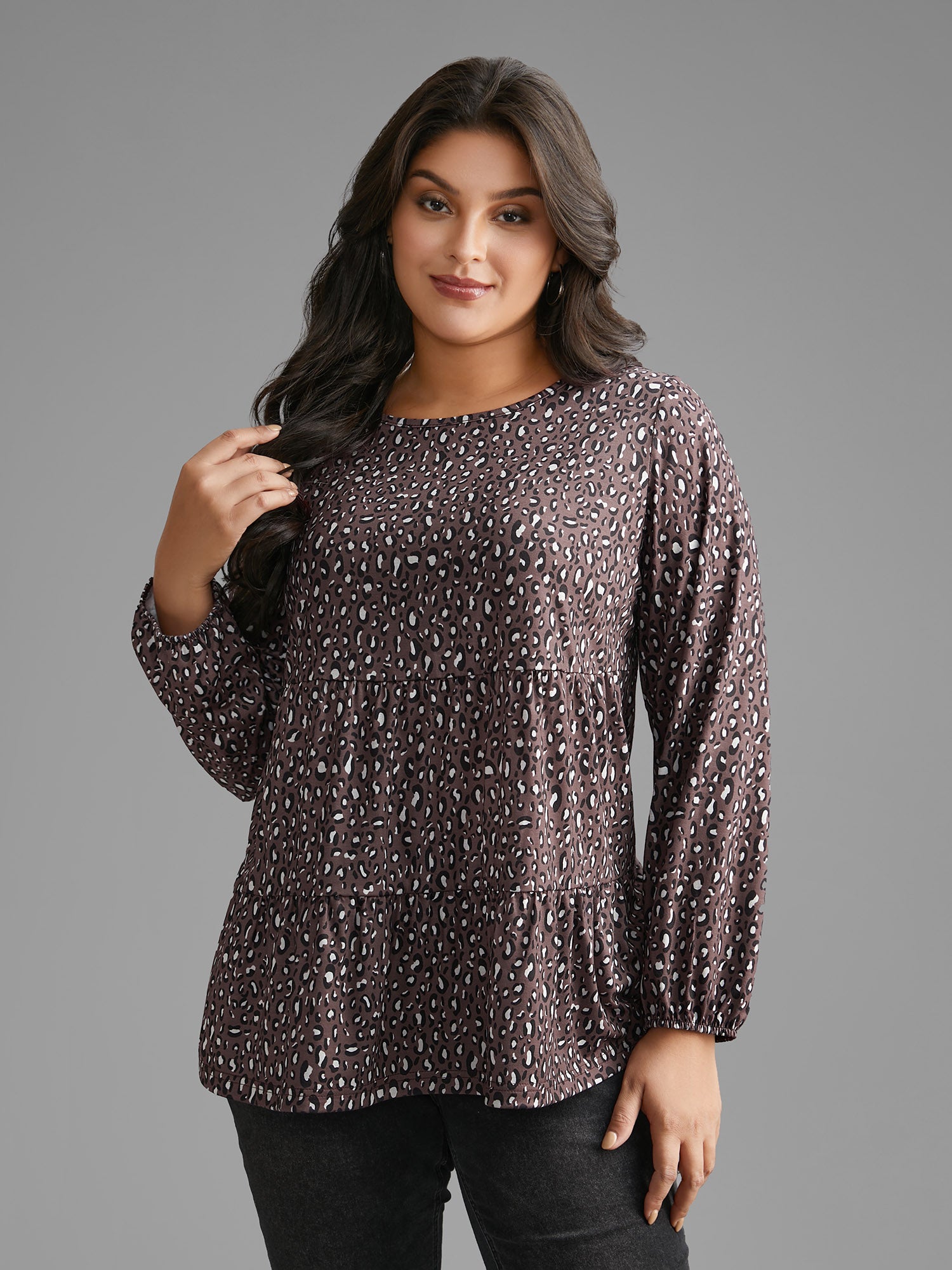 Leopard Print Ruffle Layered Hem Jersey Top