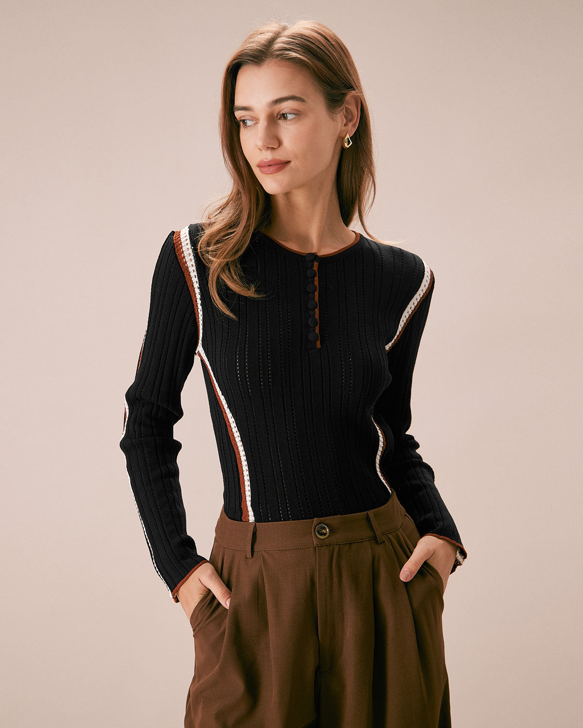 The Black Contrast Trim Pointelle Knit Top