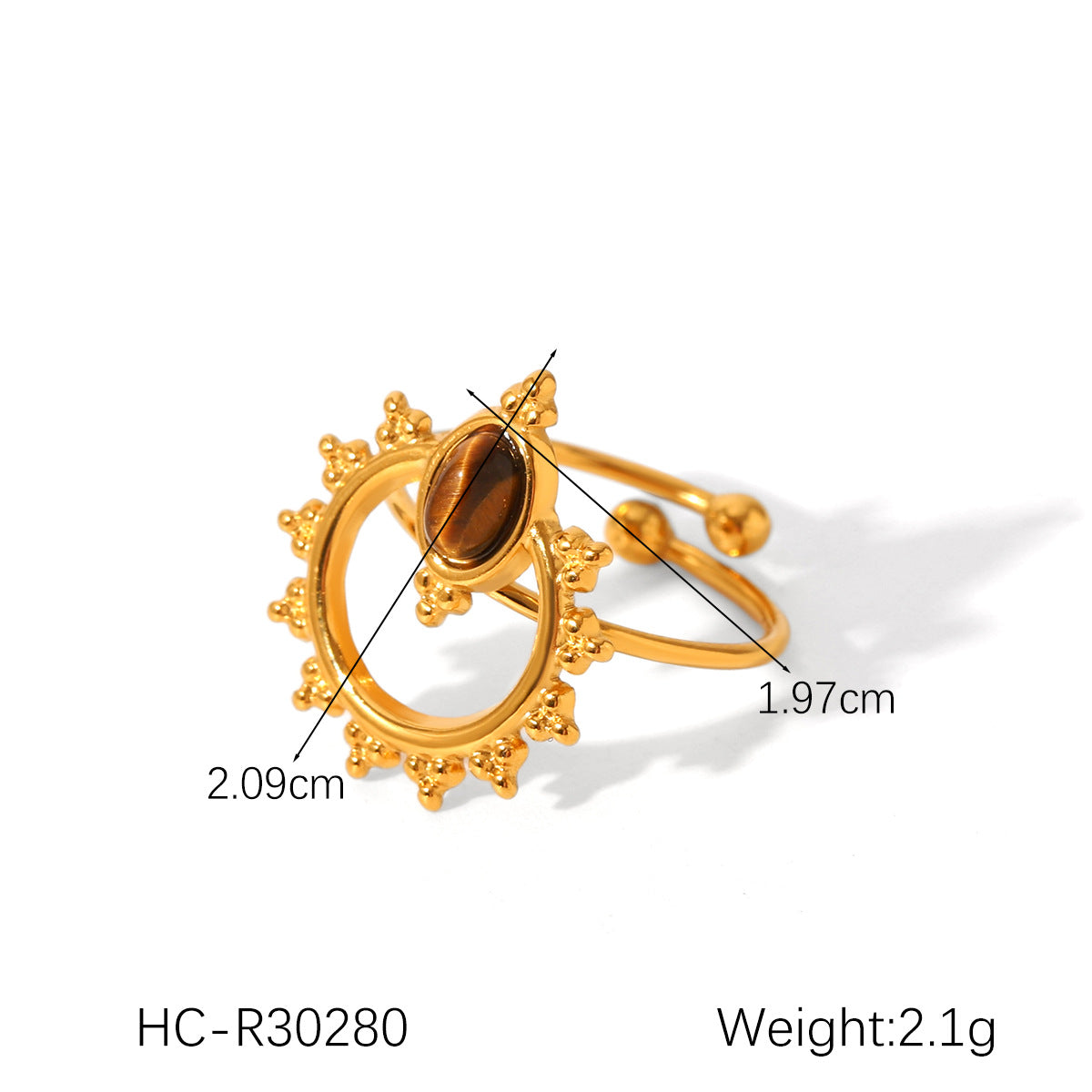 French Retro Stainless Steel Inlaid Natural Tiger Eye Stone Ring Female All-Match Geometric Titanium Steel Ring