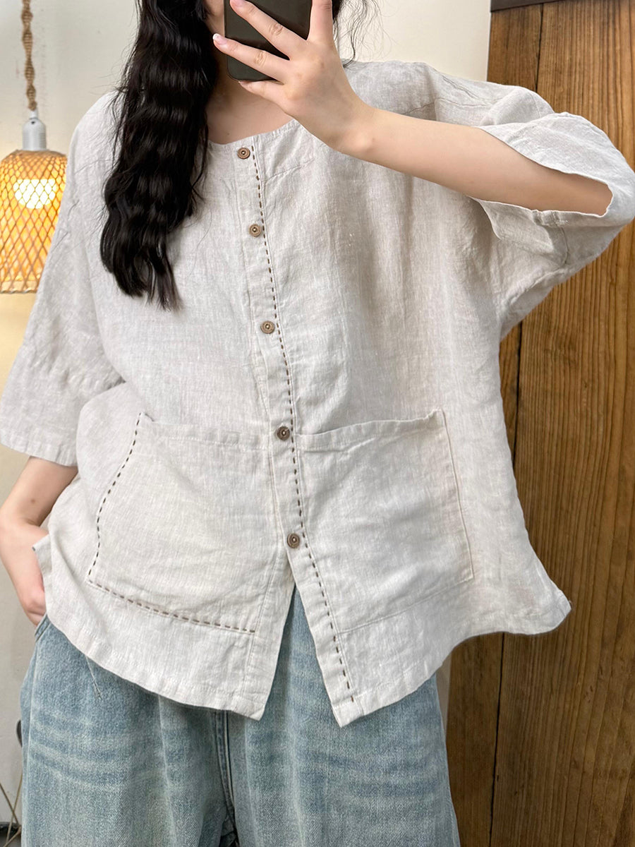 Women Summer Retro Pure Color O-Neck Linen Shirt