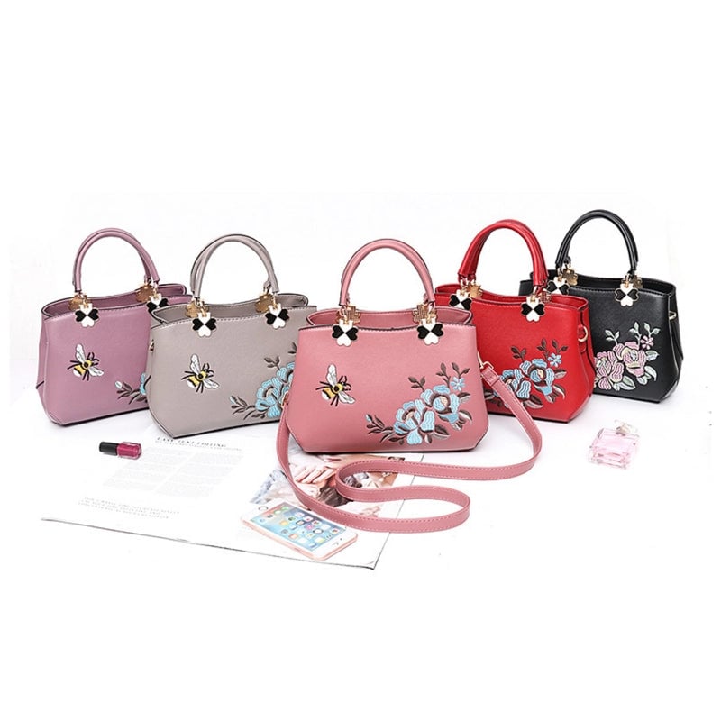 Women's Pu Leather Flower Bee Classic Style Sewing Thread Bucket Zipper Handbag Crossbody Bag