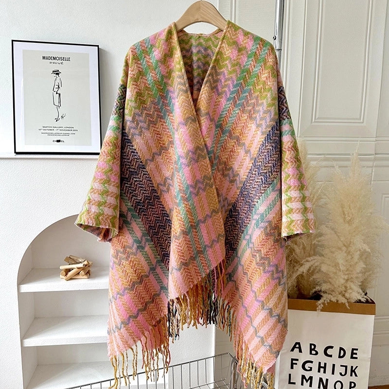 Travel Outside Knitted Shawl Ethnic Style Vintage Cape Cloak Tassel Scarf For Vacation Wear