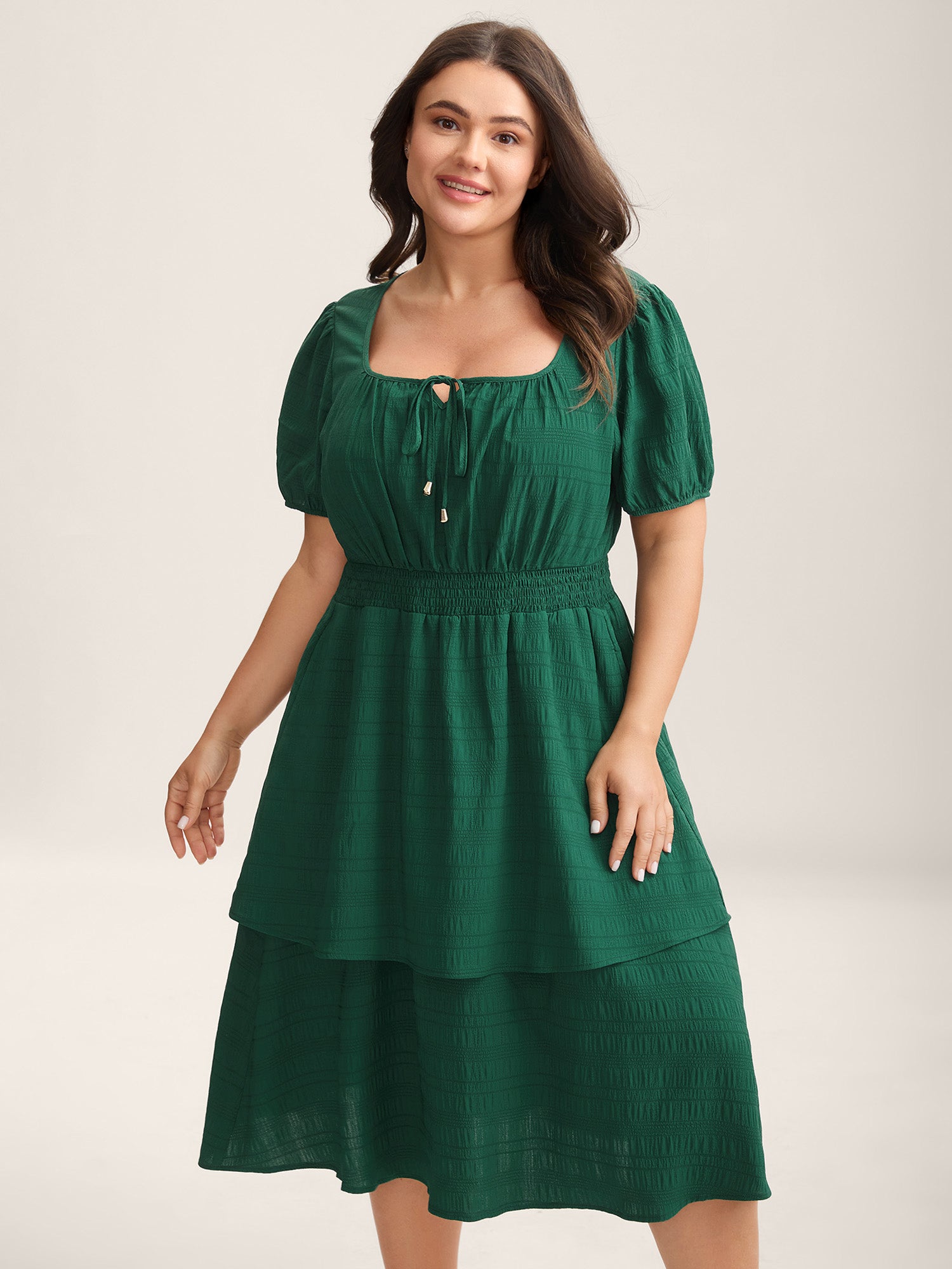 Neck Tie Textured Layered Hem Midi Dress
