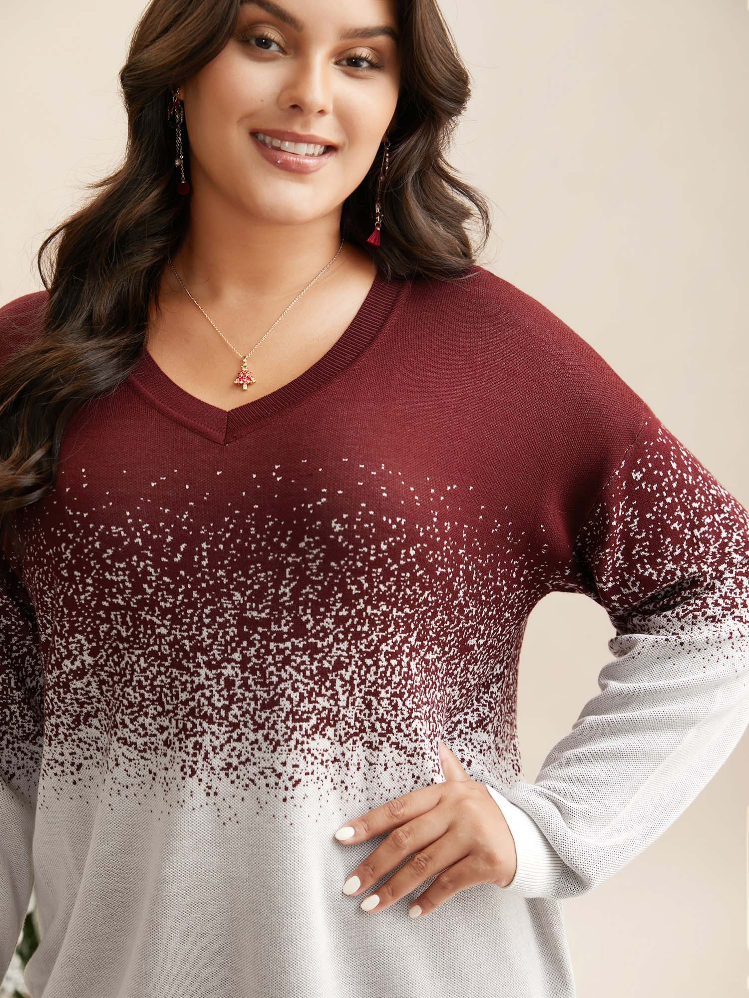 Holiday Gradient Jacquard Pattern V-neck Pullover