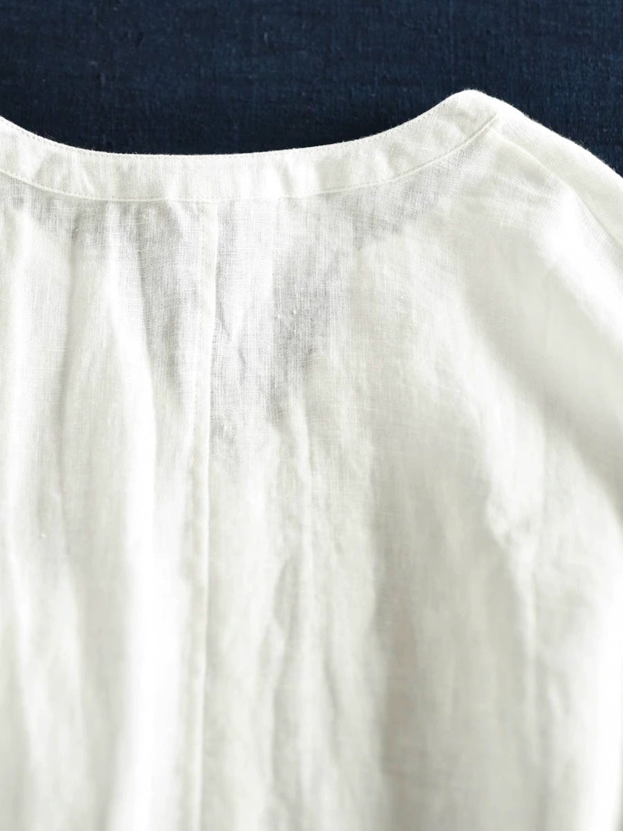 Women Summer Retro Pure Color 100%Linen V-Neck Shirt