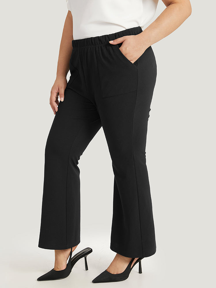 Solid Pocket Flare Leg Elastic Waist Pants