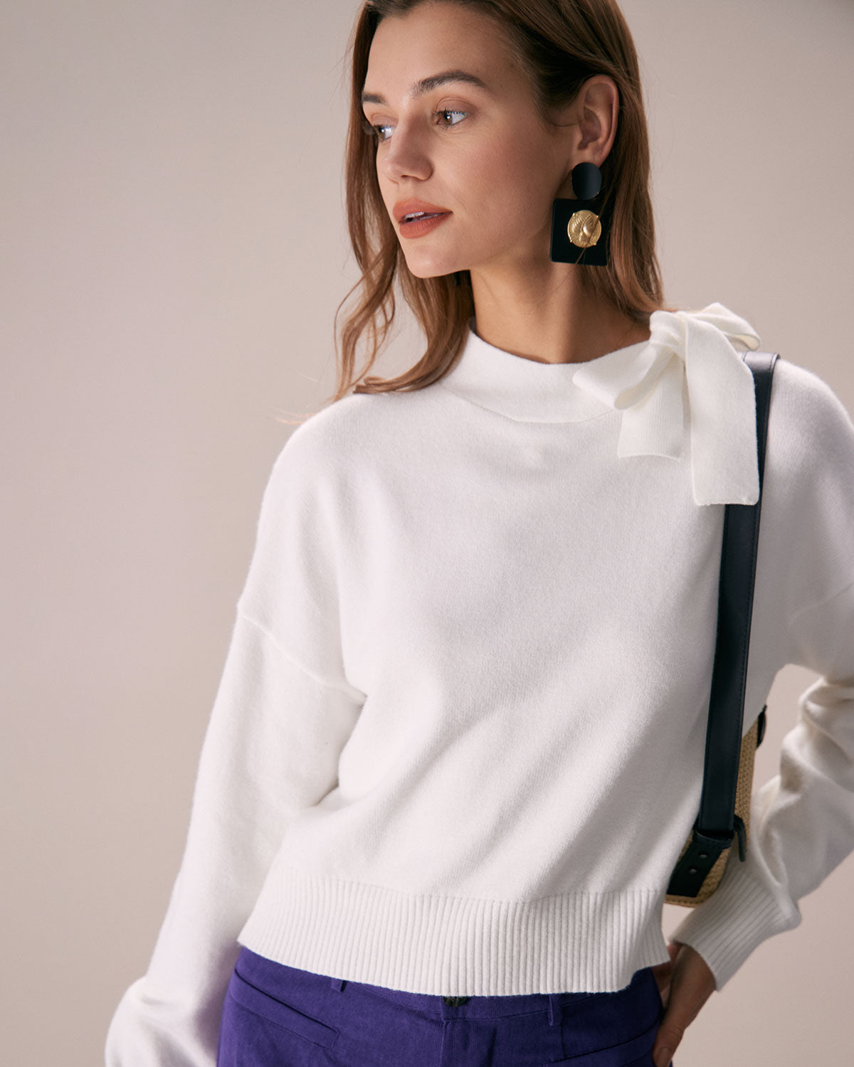 The White Mock Neck Tie Ribbed Knit Top