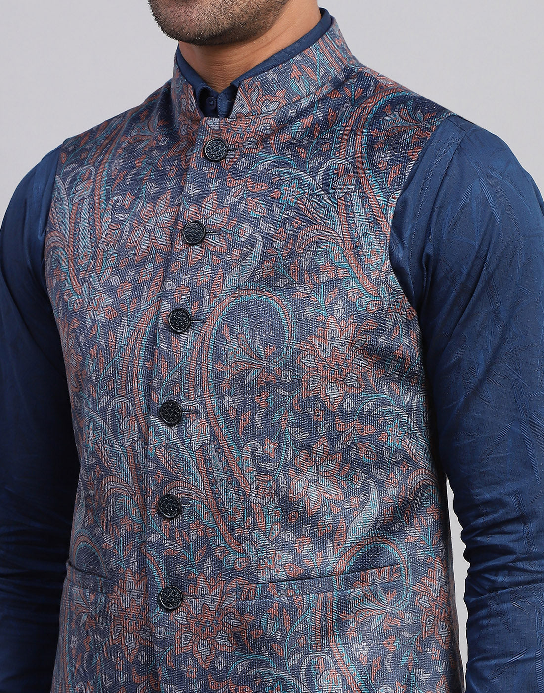 Men Multicolor Floral Print Band Collar Sleeveless Nehru Jacket