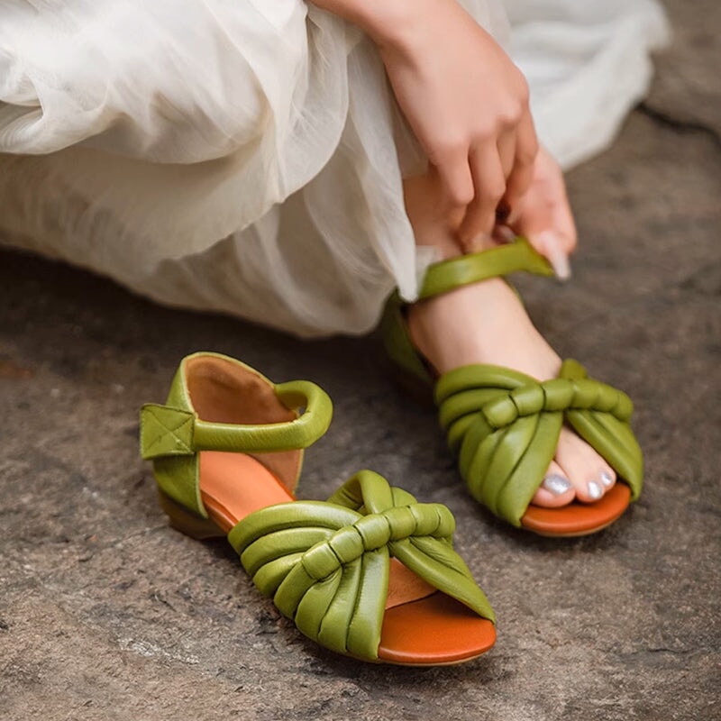 Handmade Leather Woven Peep Toe Roman Sandals with Velcro Strap in Green/Apricot