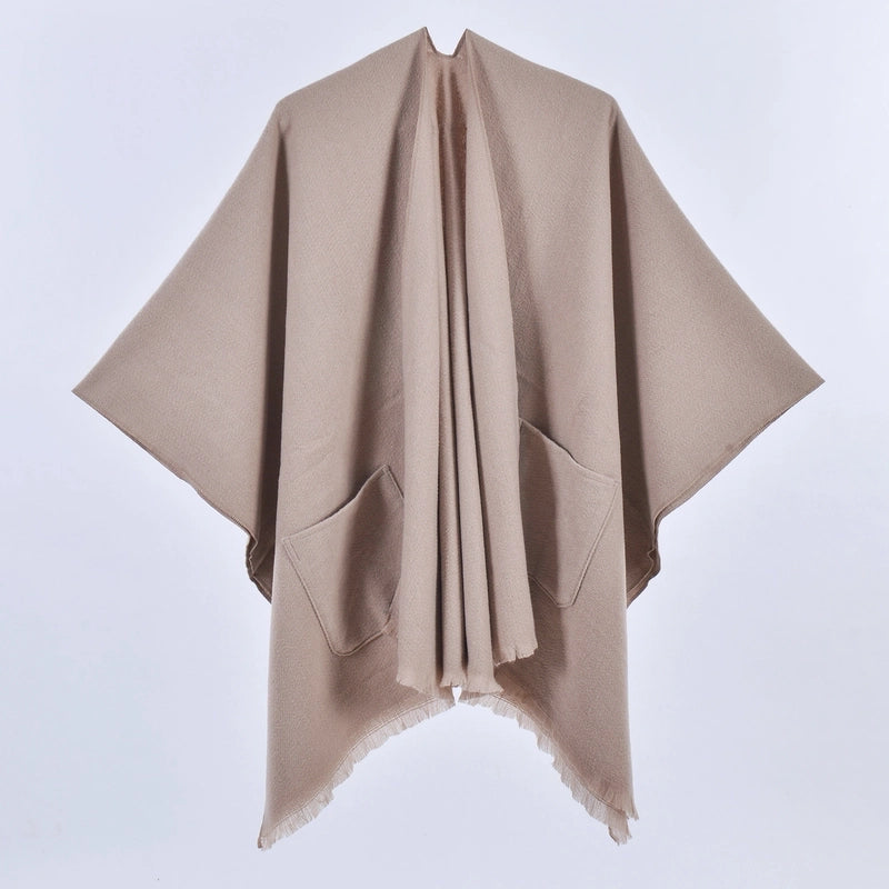 New Women's Autumn And Winter Warm Cloak Simple Double-sided Solid Color Split Cashmere Outerwear Shawl