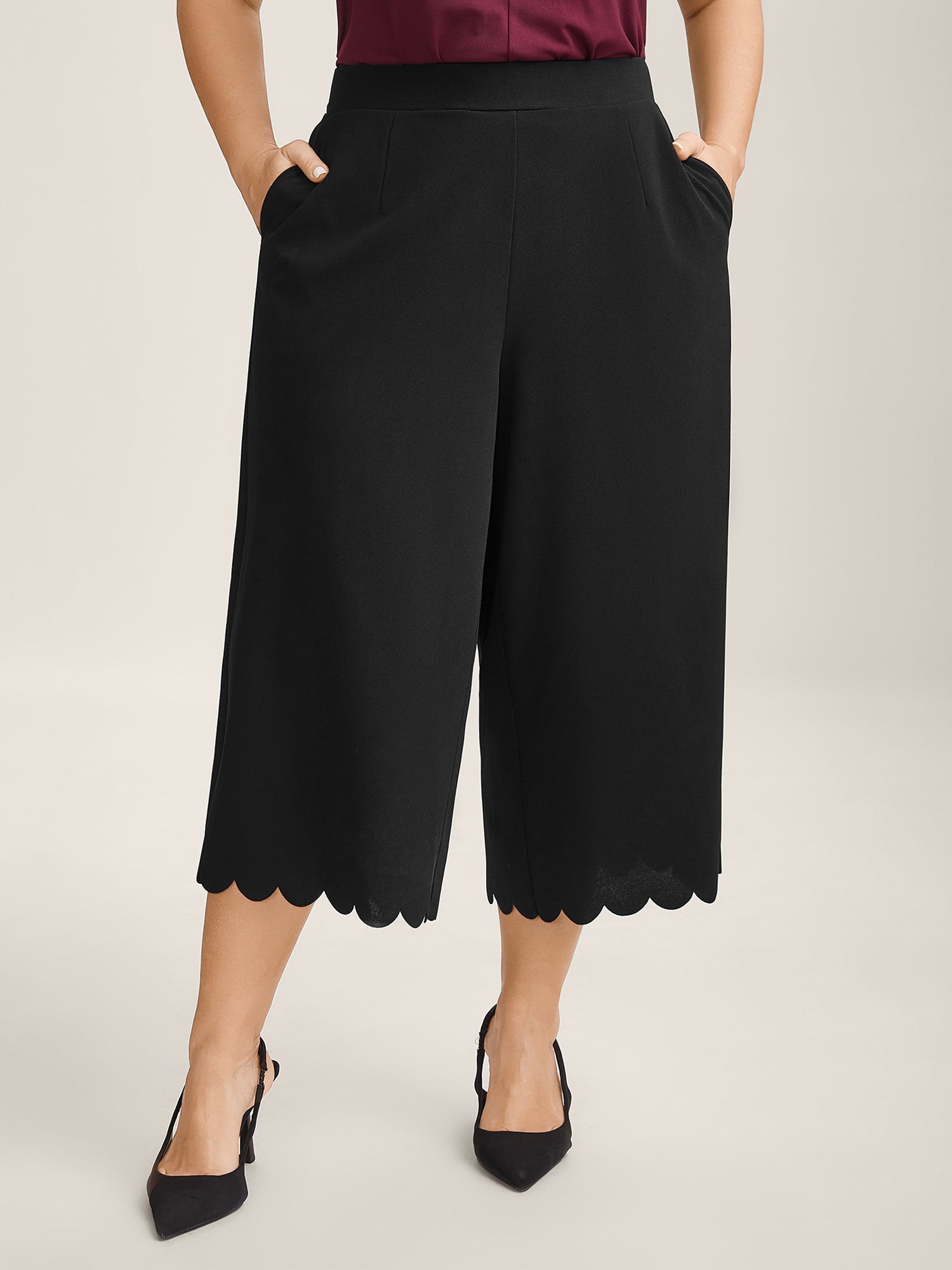 Scalloped Hem Wide-Leg Solid Pants