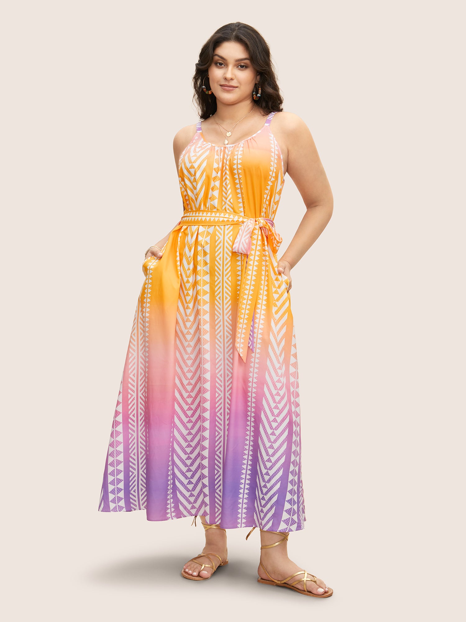 Ombre Contrast Geometric Belted Maxi Dress