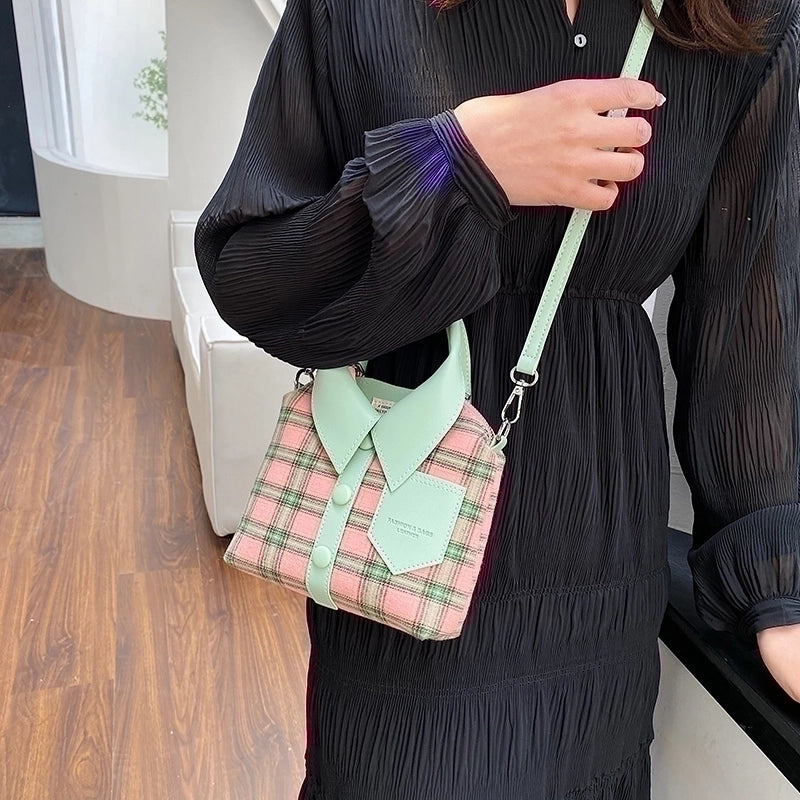 Unisex Canvas Color Block Plaid Vacation Sewing Thread Square Magnetic Buckle Handbag