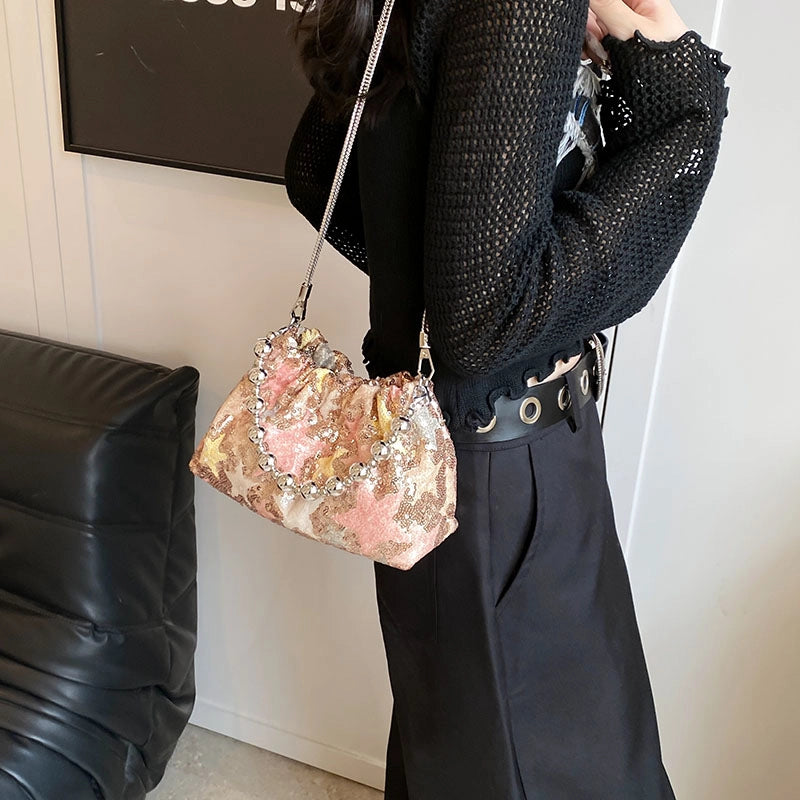Women's Medium Pu Leather Flower Classic Style Sequins Bucket Magnetic Buckle Crossbody Bag