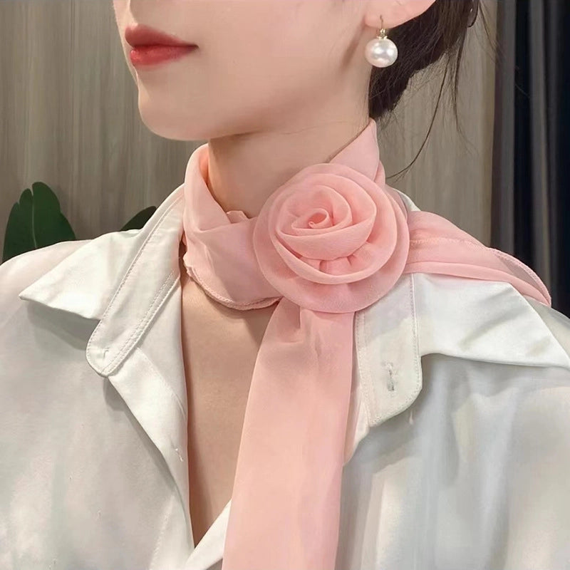 Women's Elegant Solid Color Flower Satin Silk Scarf