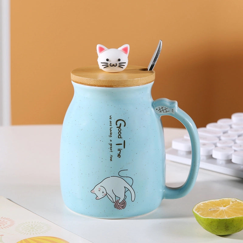 Cartoon Couple Cute Cat Ceramic Water Cup Super Cute Cat Lid Spoon Coffee Cup Breakfast Milk Gift Mug