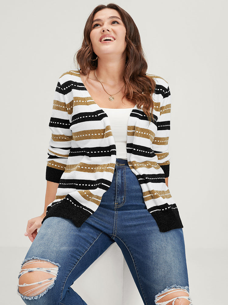 Striped Contrast Pointelle Knit Jacquard Open Front Cardigan