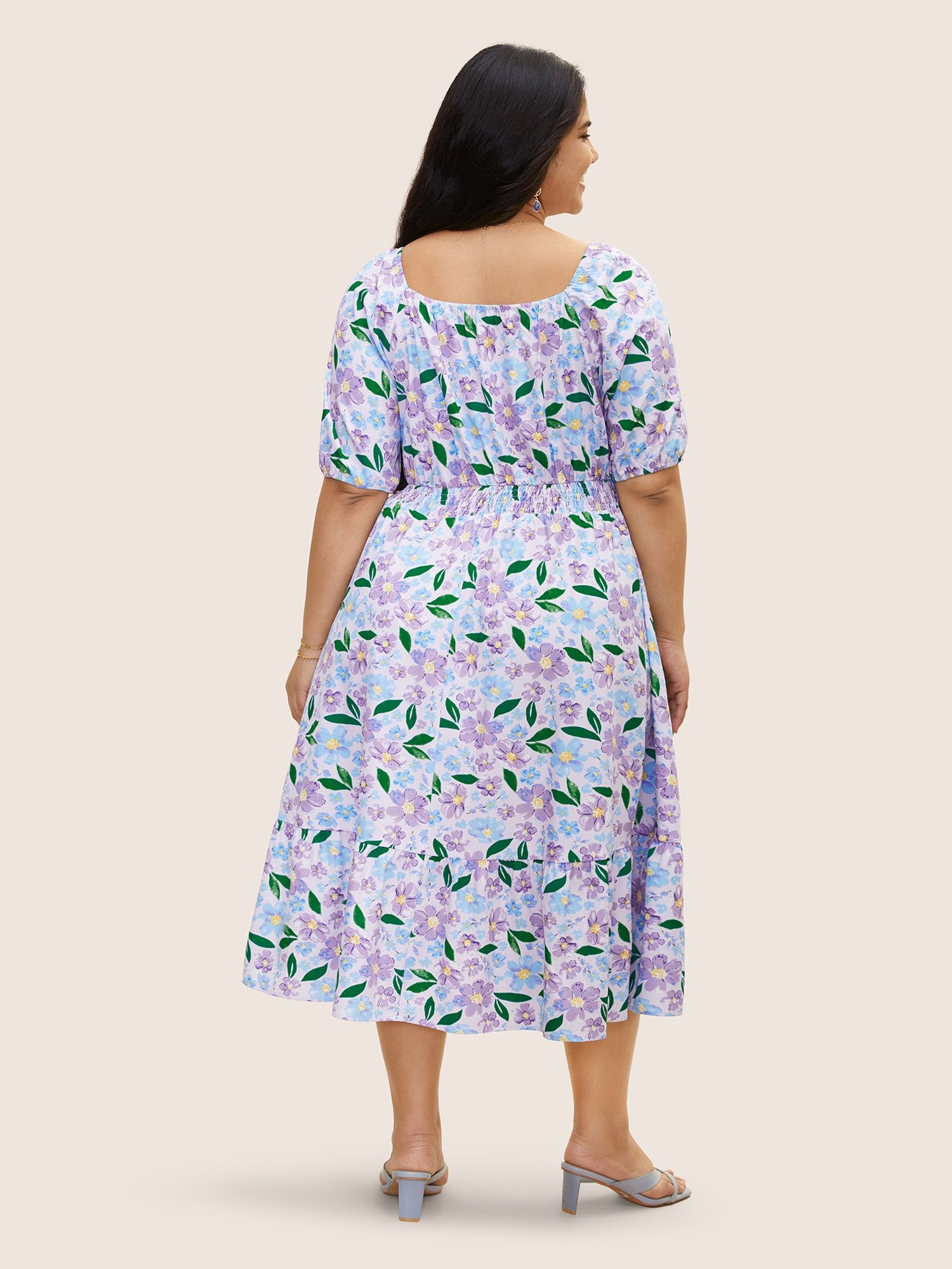 Floral Tie Knot Lantern Sleeve Midi Dress