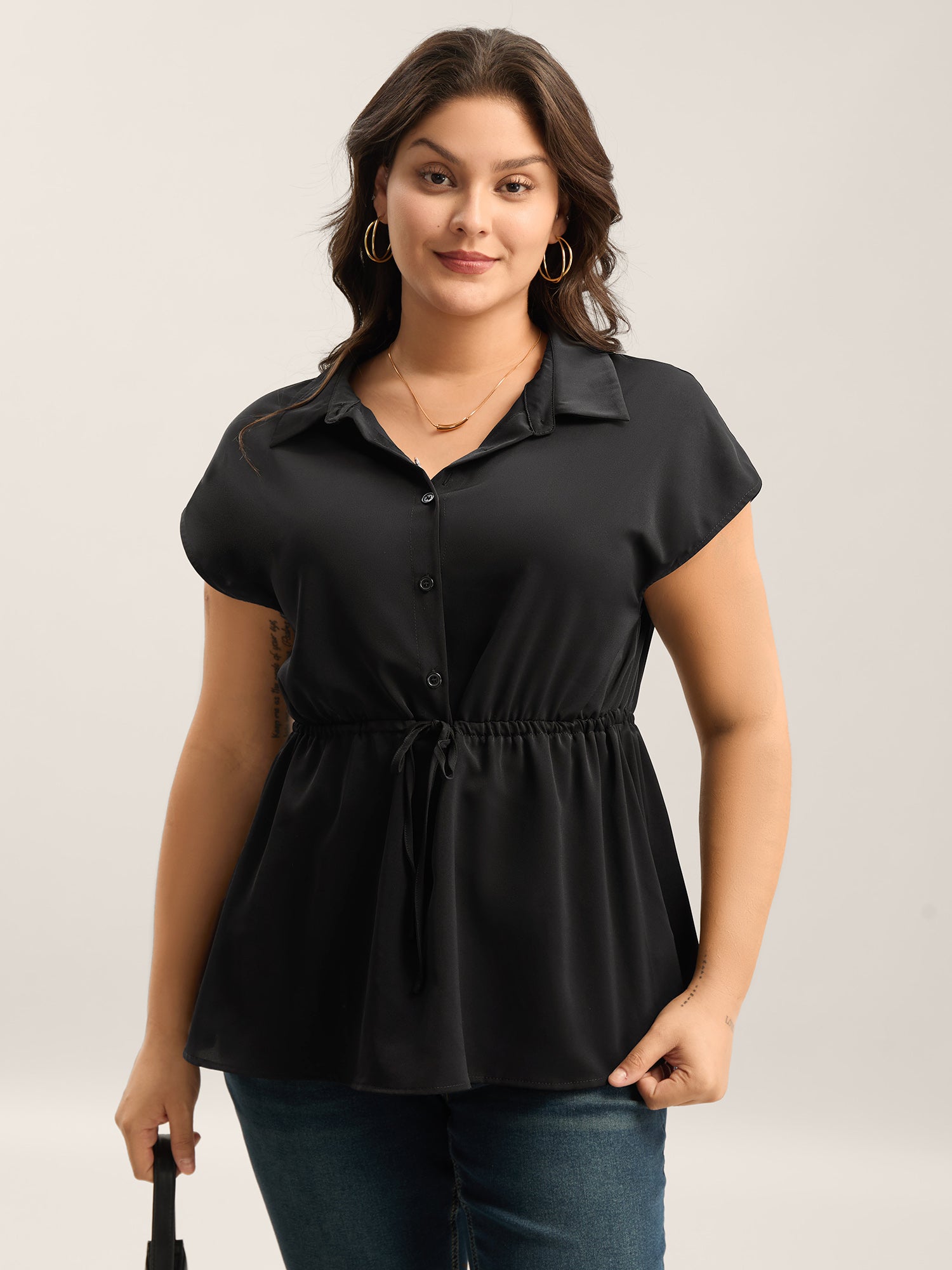 Solid Drawstring Waist Blouse