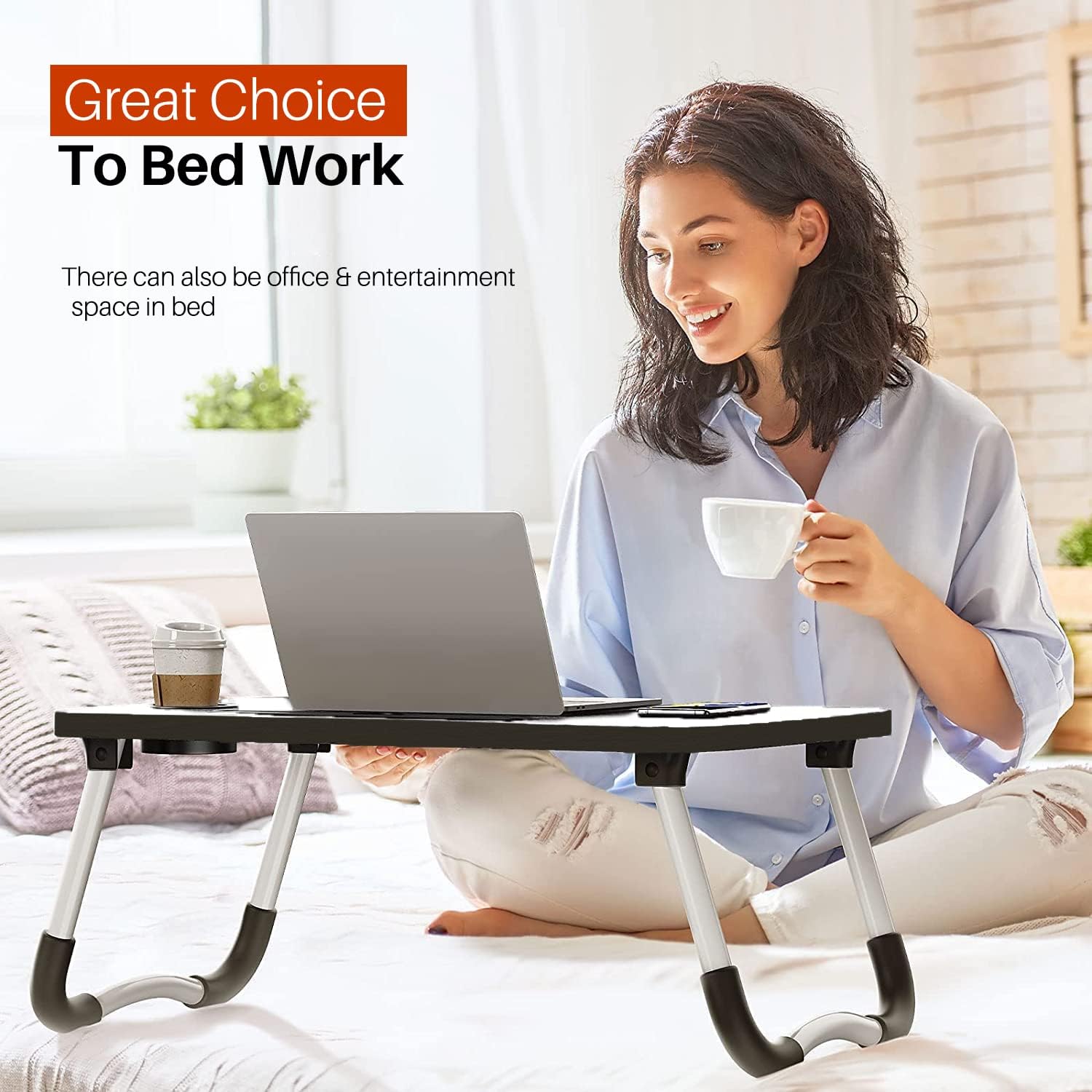 Laptop Bed Table With Foldable Metal Legs. Tablet & Cup Holder - Fits Upto 17 Portable Bed Desk For Laptop. Eating And Writing