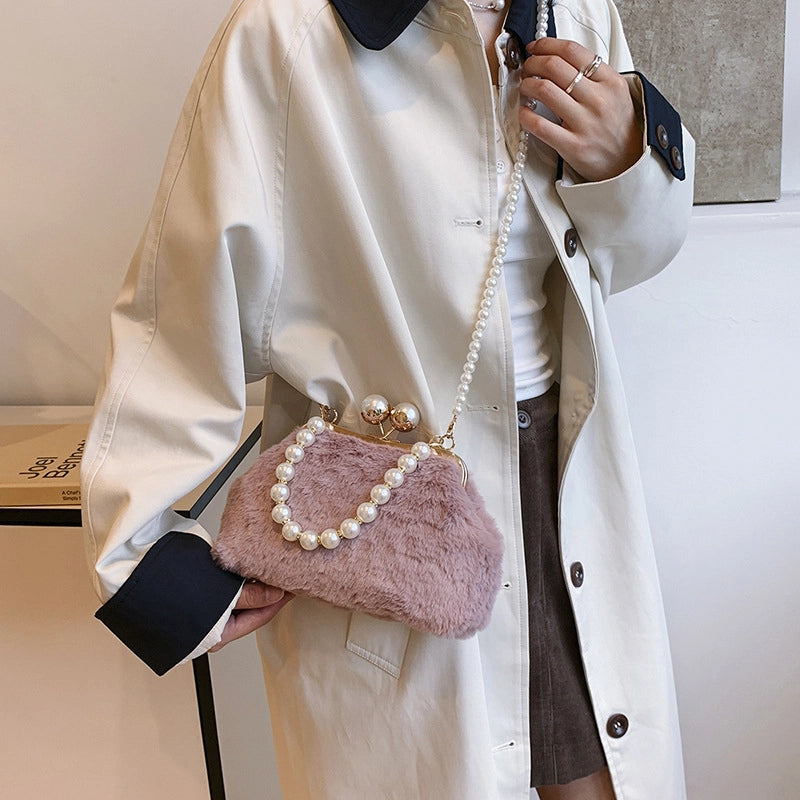 Women's Plush Solid Color Elegant Basic Shell Lock Clasp Shoulder Bag Handbag