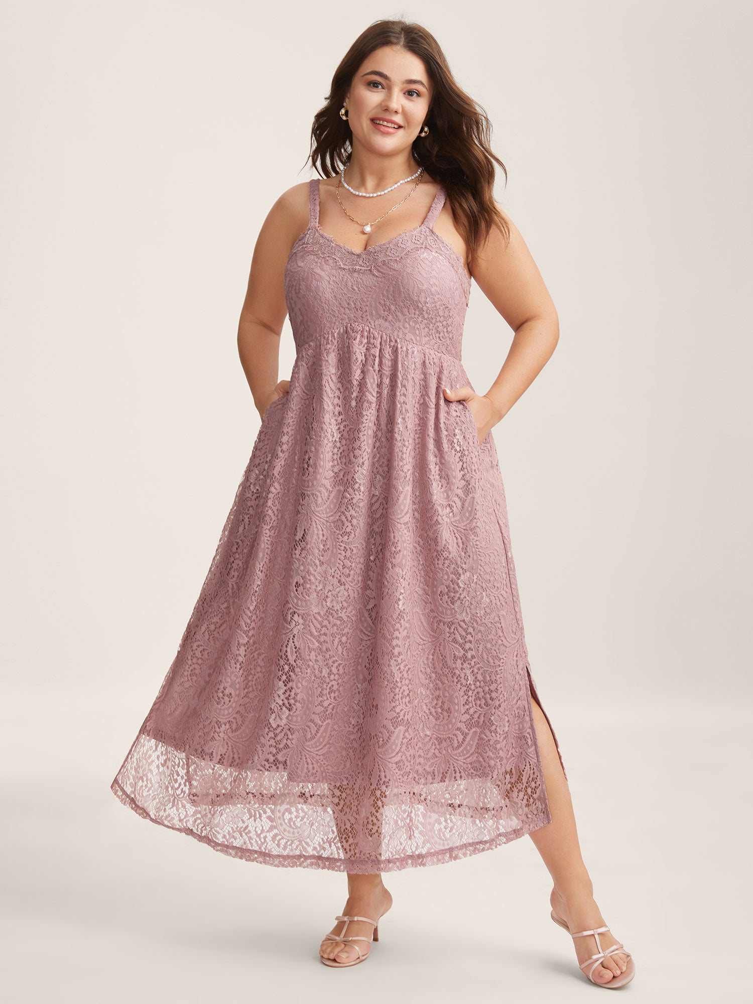 Lace Side Slit Cami Midi Dress