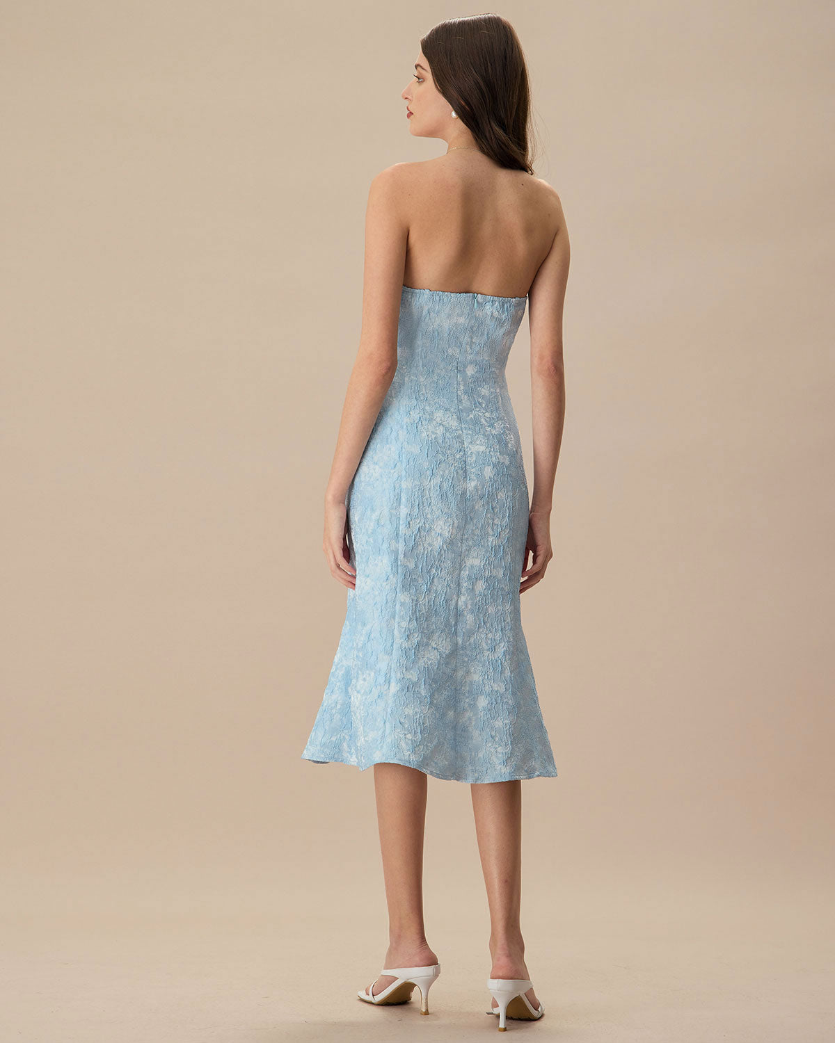 Women's Blue Strapless Jacquard Midi Dress